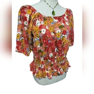 2452) Loft Outlet Women Red Orange Floral  Ruched Short Sleeve Top Size Medium